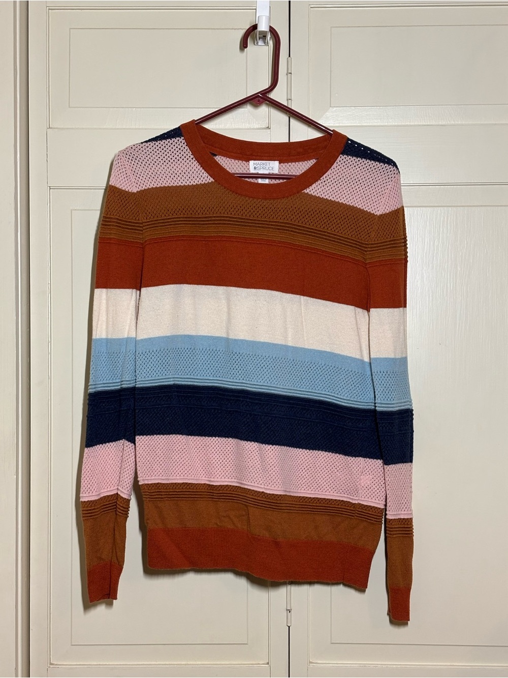 Market & Spruce Striped Crewneck Sweater in Rust, Pink, Navy & Light Blue